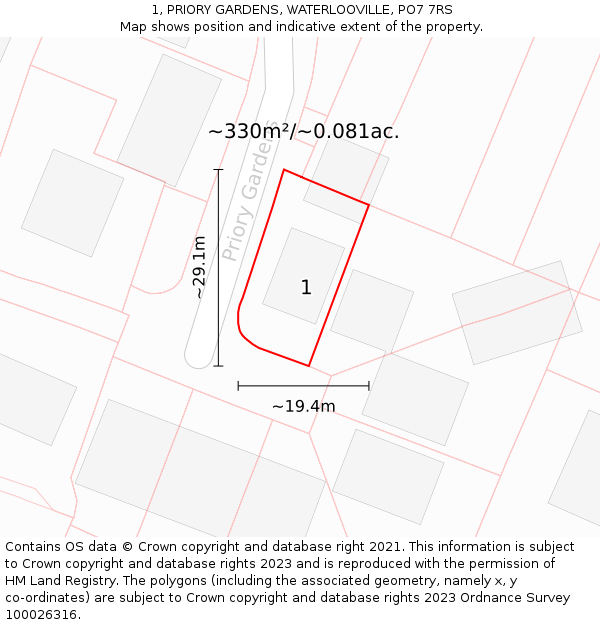 1, PRIORY GARDENS, WATERLOOVILLE, PO7 7RS: Plot and title map