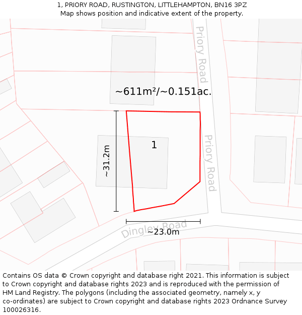 1, PRIORY ROAD, RUSTINGTON, LITTLEHAMPTON, BN16 3PZ: Plot and title map