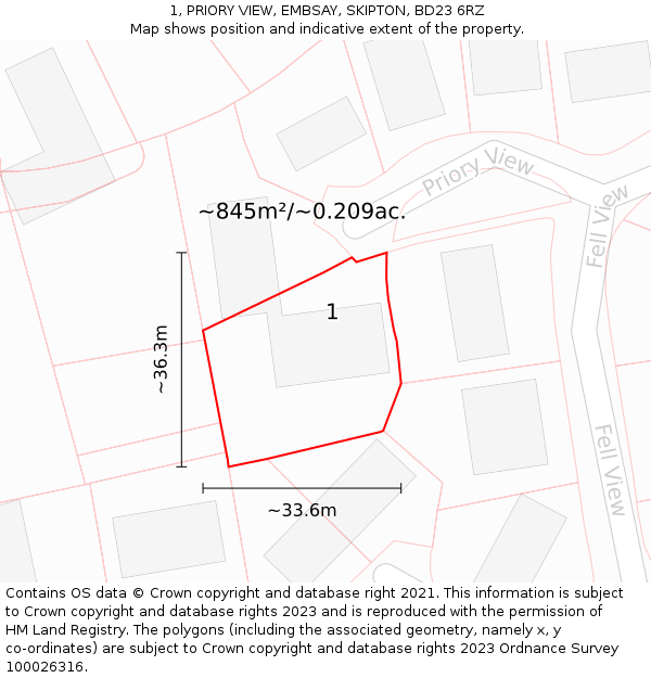 1, PRIORY VIEW, EMBSAY, SKIPTON, BD23 6RZ: Plot and title map