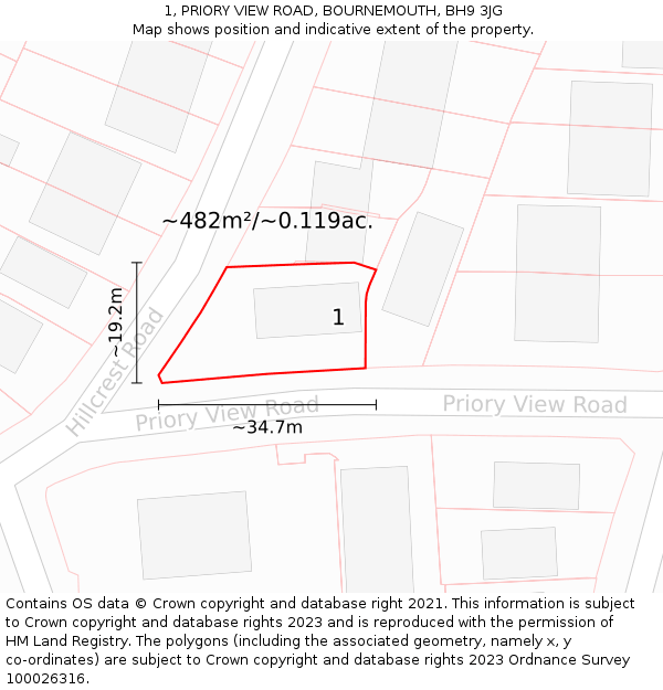 1, PRIORY VIEW ROAD, BOURNEMOUTH, BH9 3JG: Plot and title map