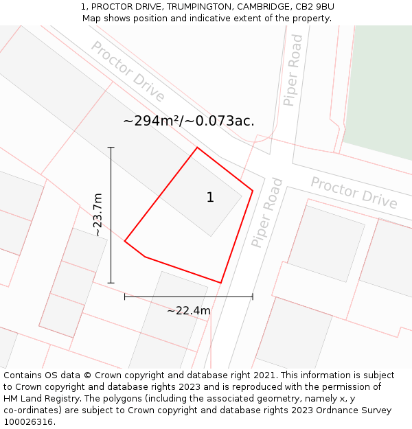 1, PROCTOR DRIVE, TRUMPINGTON, CAMBRIDGE, CB2 9BU: Plot and title map