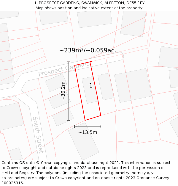 1, PROSPECT GARDENS, SWANWICK, ALFRETON, DE55 1EY: Plot and title map