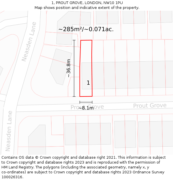 1, PROUT GROVE, LONDON, NW10 1PU: Plot and title map