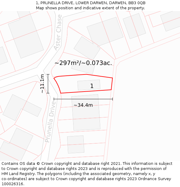 1, PRUNELLA DRIVE, LOWER DARWEN, DARWEN, BB3 0QB: Plot and title map