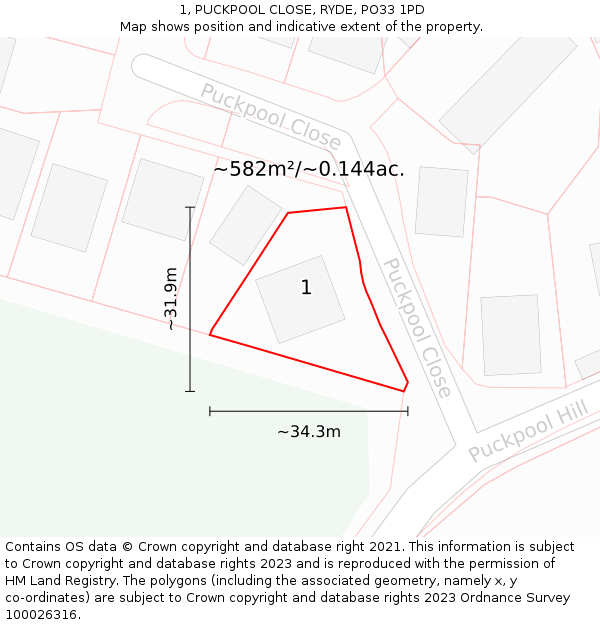 1, PUCKPOOL CLOSE, RYDE, PO33 1PD: Plot and title map