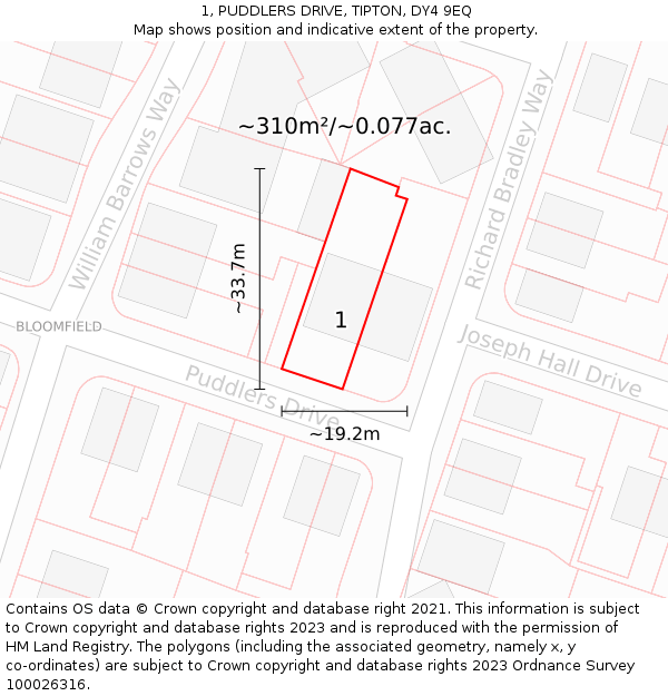 1, PUDDLERS DRIVE, TIPTON, DY4 9EQ: Plot and title map