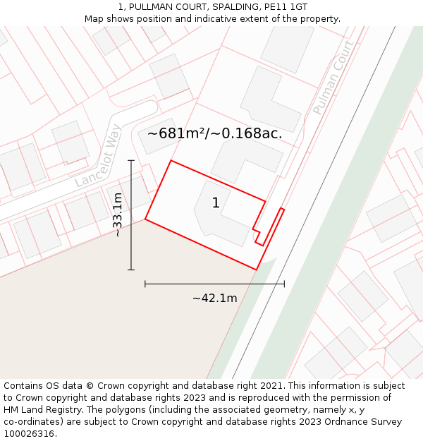 1, PULLMAN COURT, SPALDING, PE11 1GT: Plot and title map