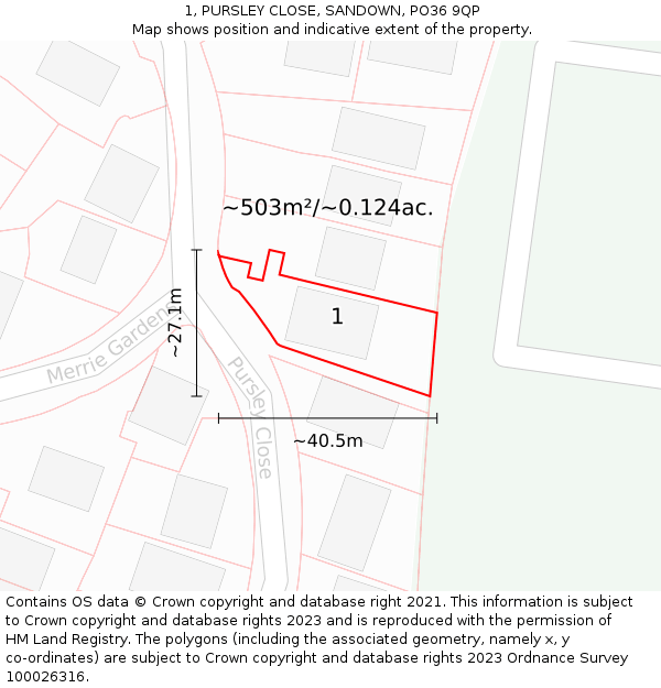 1, PURSLEY CLOSE, SANDOWN, PO36 9QP: Plot and title map