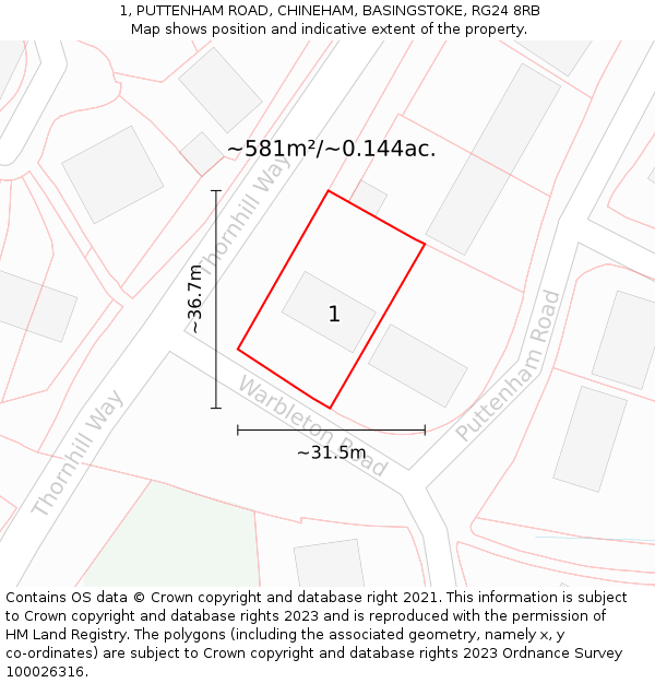 1, PUTTENHAM ROAD, CHINEHAM, BASINGSTOKE, RG24 8RB: Plot and title map