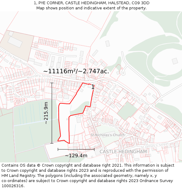 1, PYE CORNER, CASTLE HEDINGHAM, HALSTEAD, CO9 3DD: Plot and title map