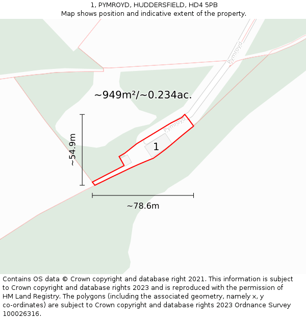 1, PYMROYD, HUDDERSFIELD, HD4 5PB: Plot and title map