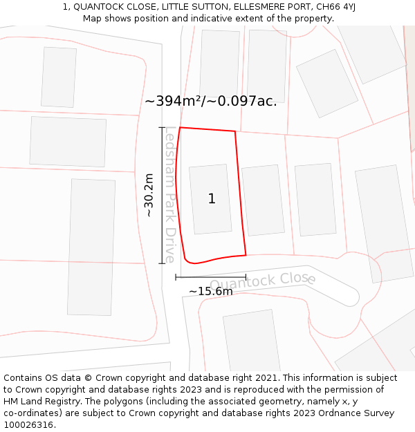 1, QUANTOCK CLOSE, LITTLE SUTTON, ELLESMERE PORT, CH66 4YJ: Plot and title map