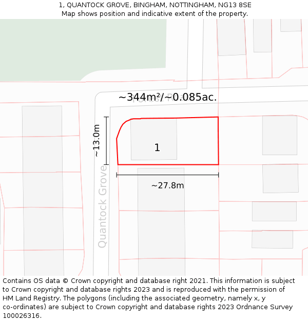 1, QUANTOCK GROVE, BINGHAM, NOTTINGHAM, NG13 8SE: Plot and title map