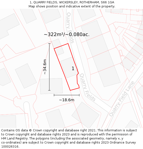 1, QUARRY FIELDS, WICKERSLEY, ROTHERHAM, S66 1GA: Plot and title map