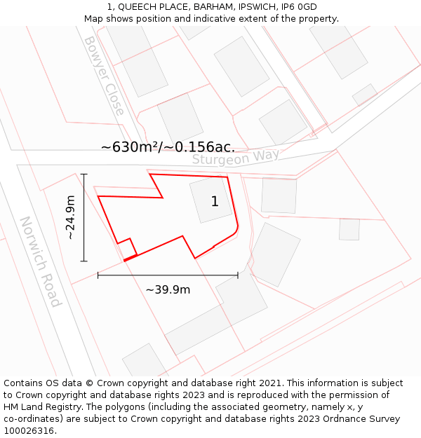 1, QUEECH PLACE, BARHAM, IPSWICH, IP6 0GD: Plot and title map