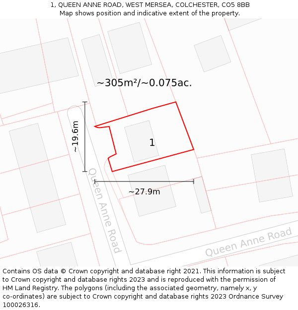 1, QUEEN ANNE ROAD, WEST MERSEA, COLCHESTER, CO5 8BB: Plot and title map