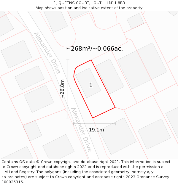 1, QUEENS COURT, LOUTH, LN11 8RR: Plot and title map