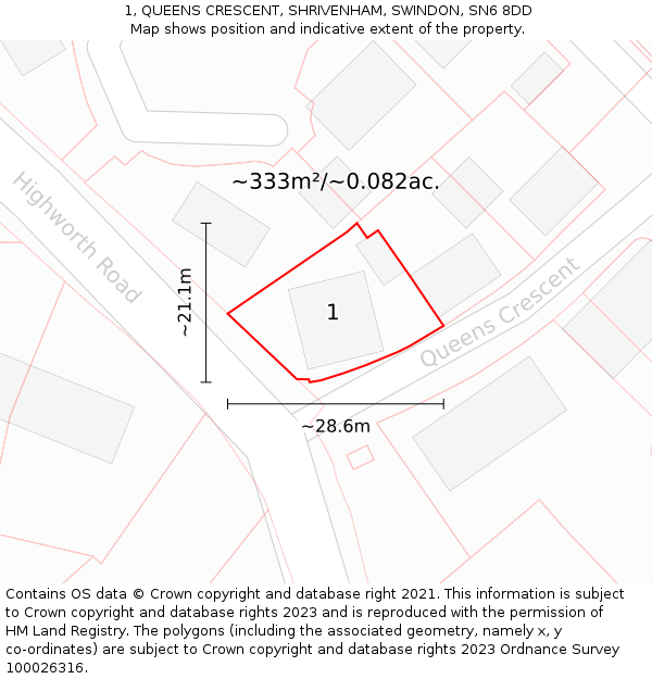 1, QUEENS CRESCENT, SHRIVENHAM, SWINDON, SN6 8DD: Plot and title map