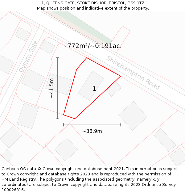 1, QUEENS GATE, STOKE BISHOP, BRISTOL, BS9 1TZ: Plot and title map