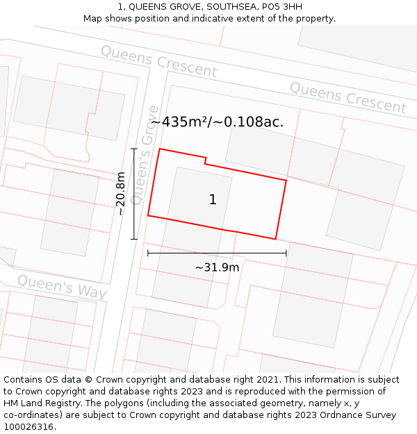 1, QUEENS GROVE, SOUTHSEA, PO5 3HH: Plot and title map