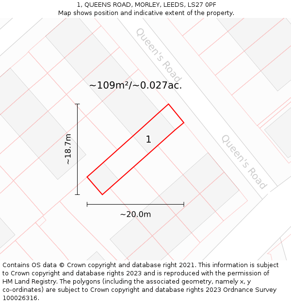 1, QUEENS ROAD, MORLEY, LEEDS, LS27 0PF: Plot and title map