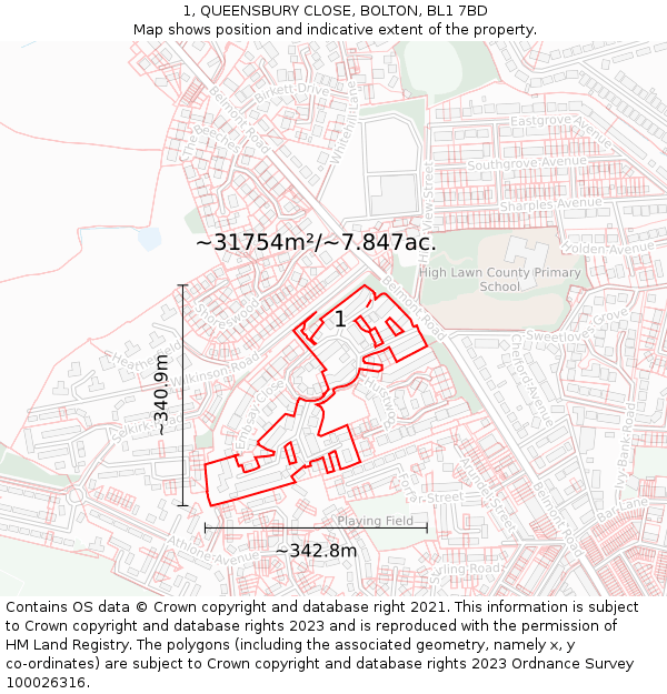 1, QUEENSBURY CLOSE, BOLTON, BL1 7BD: Plot and title map