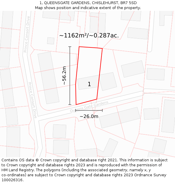 1, QUEENSGATE GARDENS, CHISLEHURST, BR7 5SD: Plot and title map