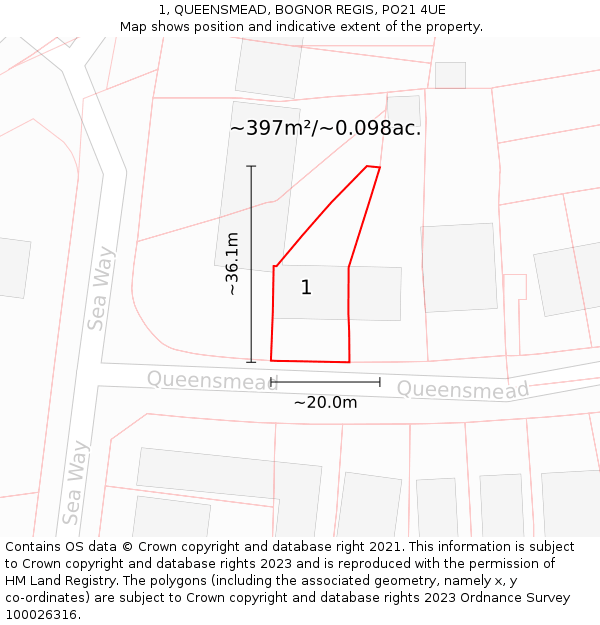 1, QUEENSMEAD, BOGNOR REGIS, PO21 4UE: Plot and title map