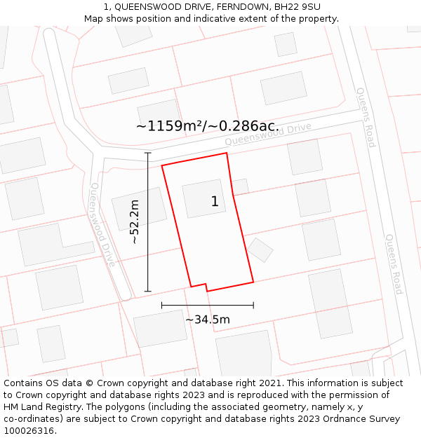 1, QUEENSWOOD DRIVE, FERNDOWN, BH22 9SU: Plot and title map