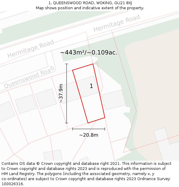 1, QUEENSWOOD ROAD, WOKING, GU21 8XJ: Plot and title map