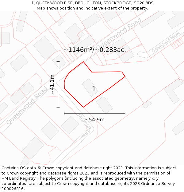 1, QUEENWOOD RISE, BROUGHTON, STOCKBRIDGE, SO20 8BS: Plot and title map