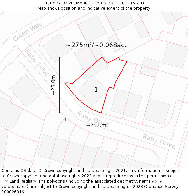1, RABY DRIVE, MARKET HARBOROUGH, LE16 7FB: Plot and title map