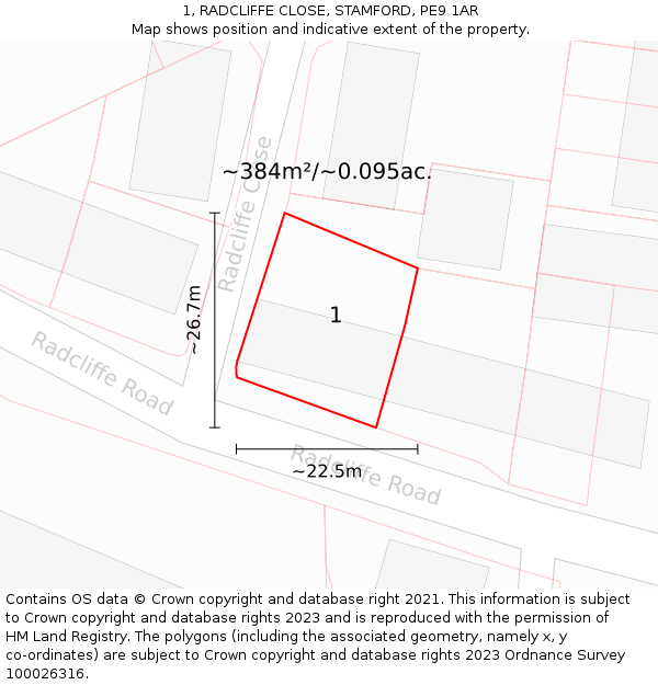 1, RADCLIFFE CLOSE, STAMFORD, PE9 1AR: Plot and title map