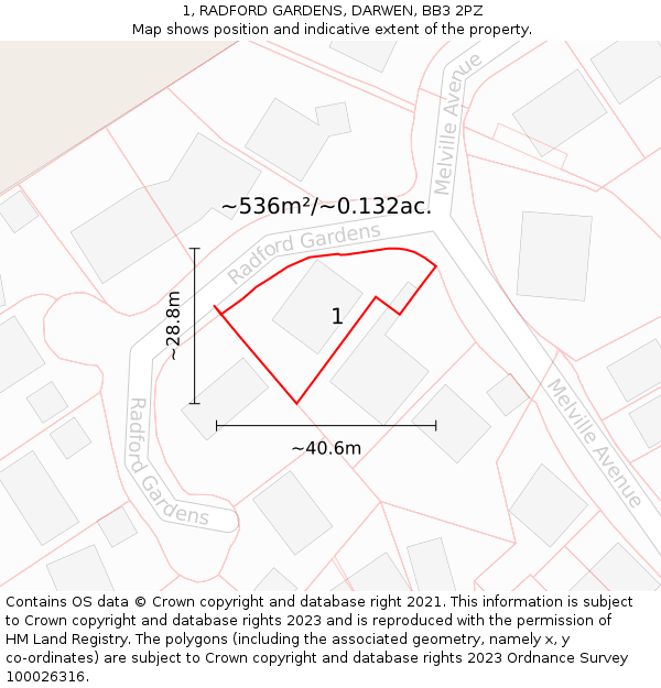 1, RADFORD GARDENS, DARWEN, BB3 2PZ: Plot and title map