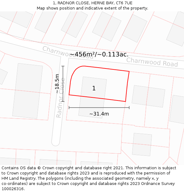 1, RADNOR CLOSE, HERNE BAY, CT6 7UE: Plot and title map