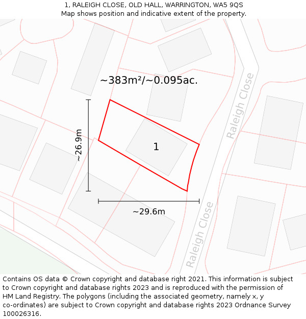 1, RALEIGH CLOSE, OLD HALL, WARRINGTON, WA5 9QS: Plot and title map