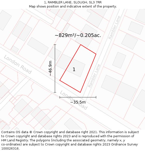 1, RAMBLER LANE, SLOUGH, SL3 7RR: Plot and title map