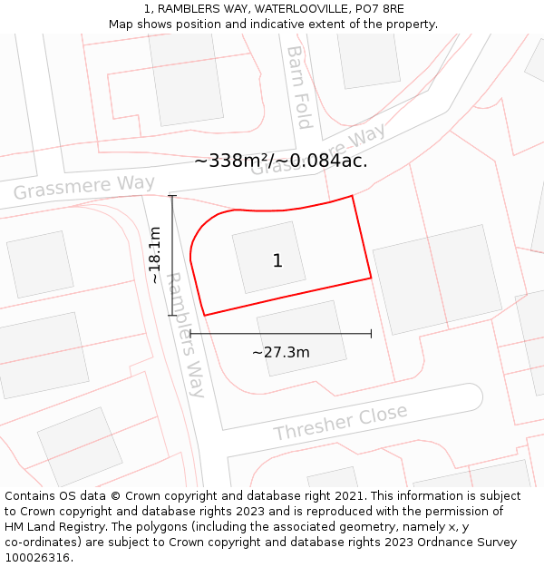 1, RAMBLERS WAY, WATERLOOVILLE, PO7 8RE: Plot and title map