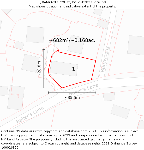 1, RAMPARTS COURT, COLCHESTER, CO4 5BJ: Plot and title map