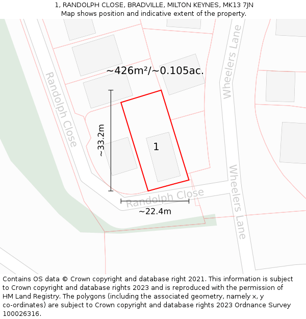 1, RANDOLPH CLOSE, BRADVILLE, MILTON KEYNES, MK13 7JN: Plot and title map