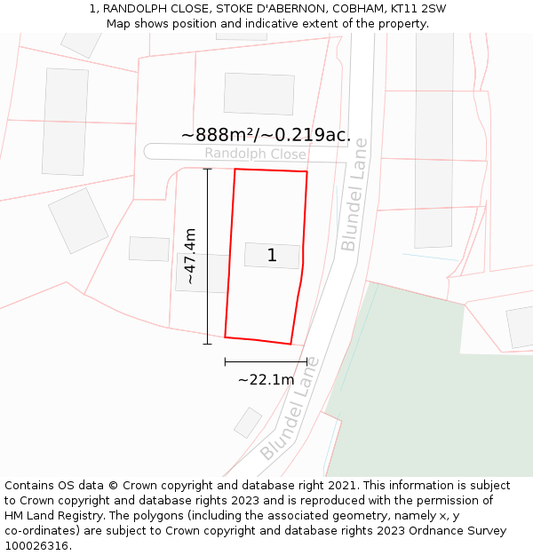 1, RANDOLPH CLOSE, STOKE D'ABERNON, COBHAM, KT11 2SW: Plot and title map
