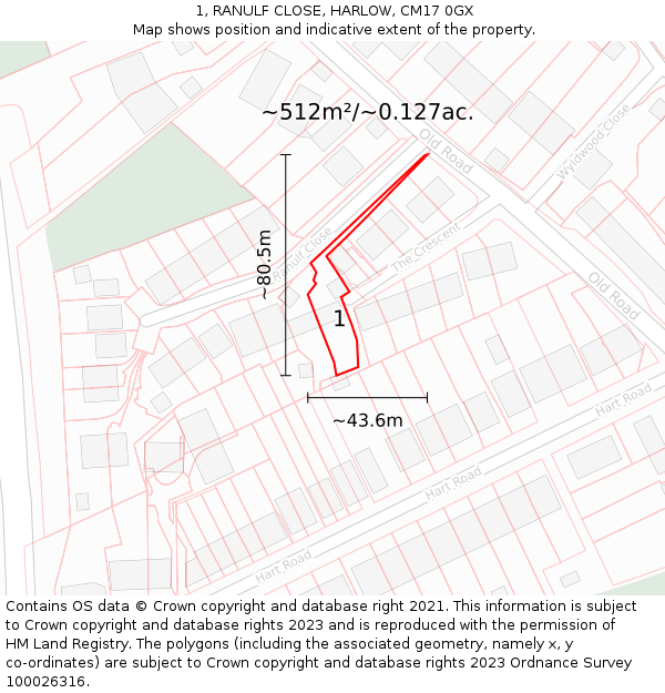 1, RANULF CLOSE, HARLOW, CM17 0GX: Plot and title map