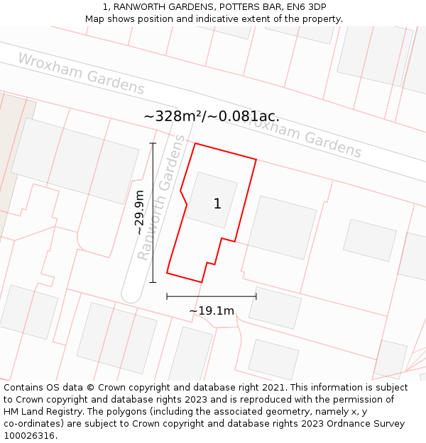 1, RANWORTH GARDENS, POTTERS BAR, EN6 3DP: Plot and title map