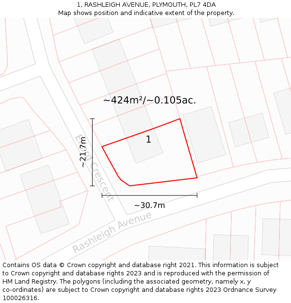 1, RASHLEIGH AVENUE, PLYMOUTH, PL7 4DA: Plot and title map