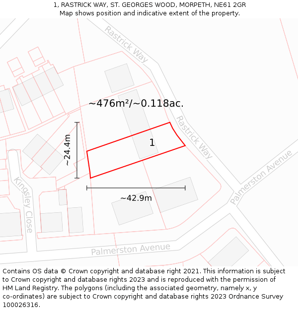 1, RASTRICK WAY, ST. GEORGES WOOD, MORPETH, NE61 2GR: Plot and title map