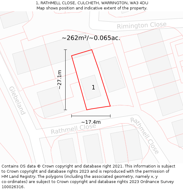 1, RATHMELL CLOSE, CULCHETH, WARRINGTON, WA3 4DU: Plot and title map