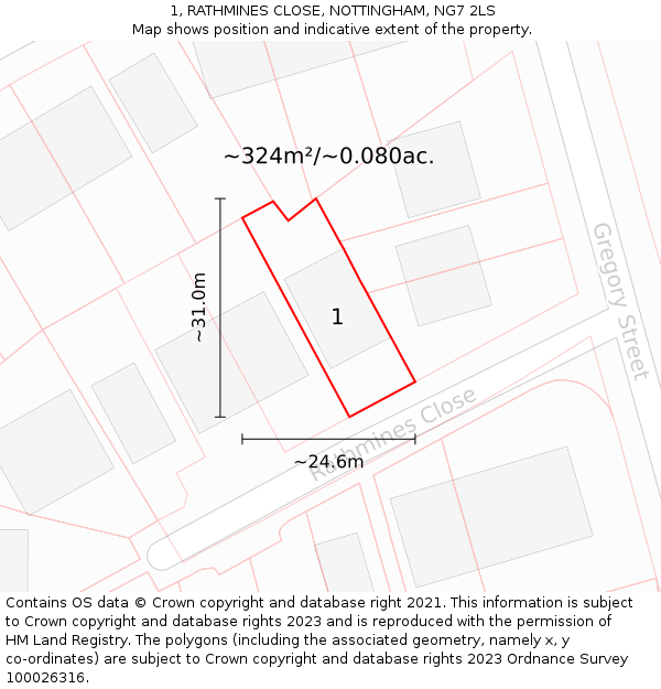 1, RATHMINES CLOSE, NOTTINGHAM, NG7 2LS: Plot and title map