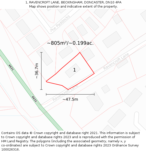 1, RAVENCROFT LANE, BECKINGHAM, DONCASTER, DN10 4PA: Plot and title map