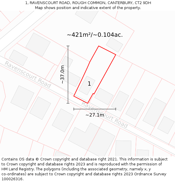1, RAVENSCOURT ROAD, ROUGH COMMON, CANTERBURY, CT2 9DH: Plot and title map