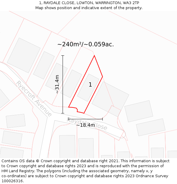 1, RAYDALE CLOSE, LOWTON, WARRINGTON, WA3 2TP: Plot and title map